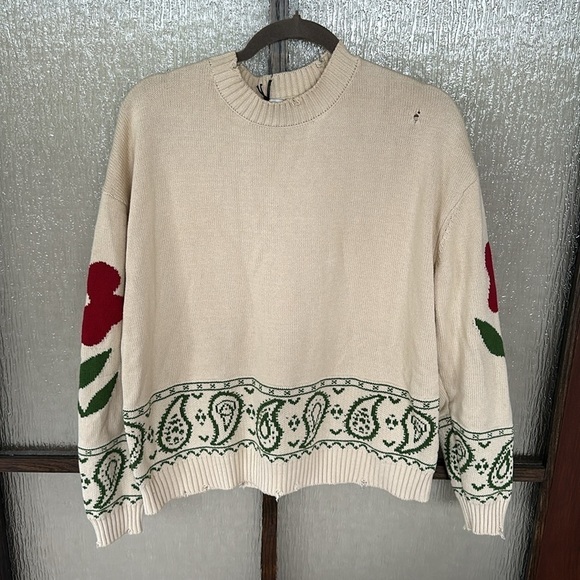 Free People Profound Floral Knit Paisley Distressed Sweater Ivory Size XS Y2K - Picture 4 of 10